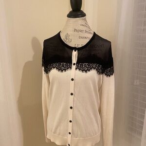 August Silk Black and Cream Cardigan with Lace Trim